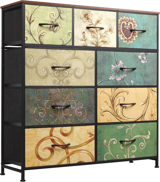 WLIVE 9-Drawer Dresser, Fabric Storage Tower for Bedroom, Hallway, Entryway, Closet, Tall Chest Organizer Unit with Fabric Bins, Steel Frame, Wood Top, Easy Pull Handle, Floral Painted