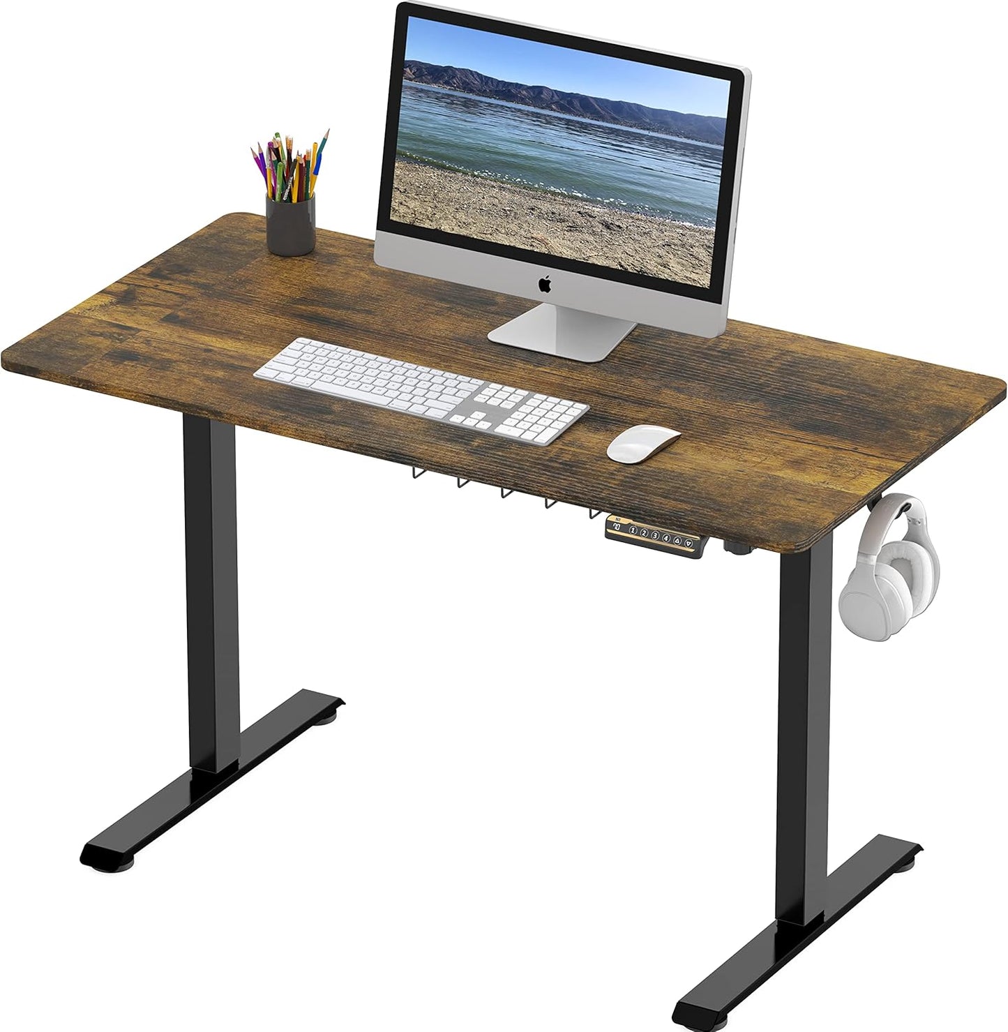 SHW 48-Inch Electric Height Adjustable Sit to Stand Desk with Hanging Hooks and Cable Management, Black Frame and Rustic Brown Top