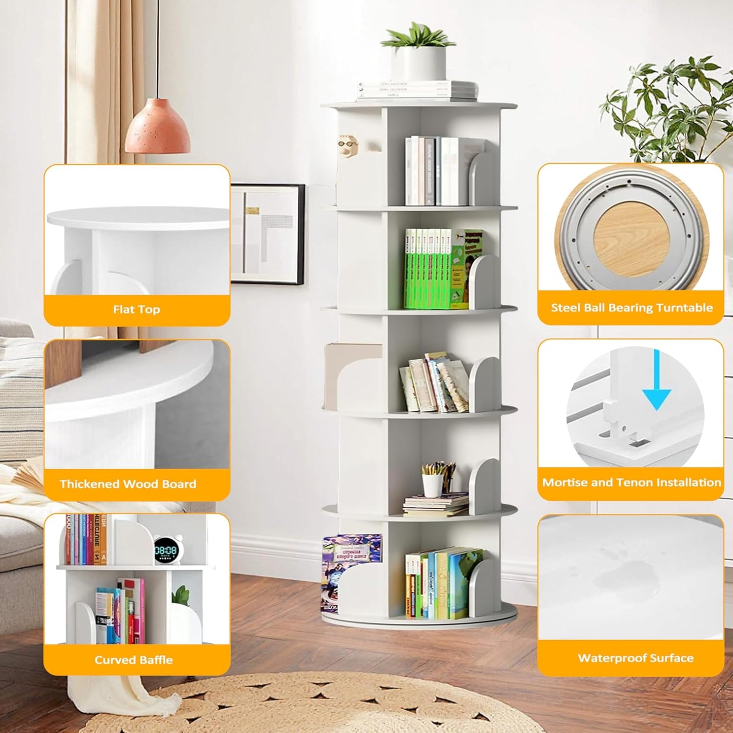 5 Tier Rotating Bookshelf Tower, 360 Display Wood Spinning Bookshelf Tower Revolving Bookcase, 360 Book Shelf Storage Round Carousel, Vertical Rotate Turning Spiral Corner Organizer for Bedroom, White
