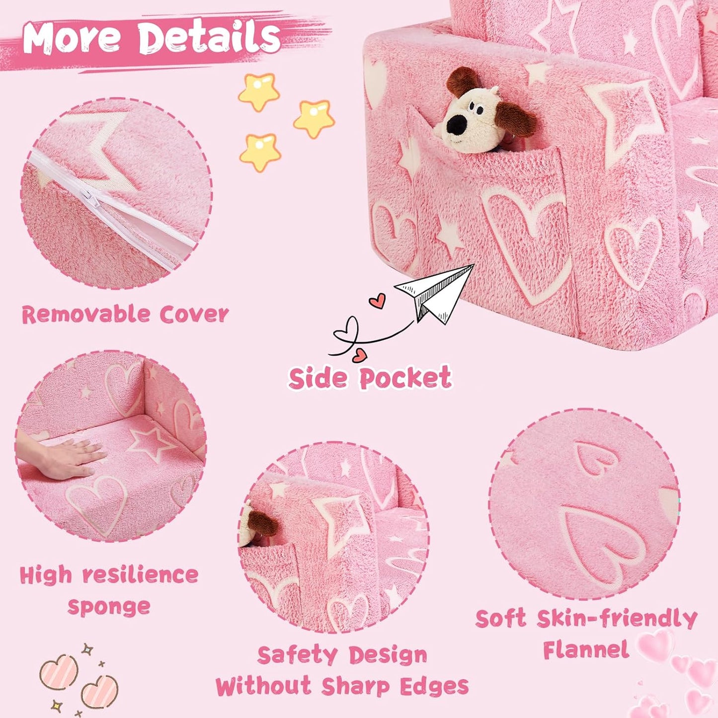 Toddler Chair Comfy,2-in-1 Soft Toddler Couch Fold Out for Kids,Convertible Sofa to Lounger,Gift for Girls and Boys Birthday,Heart,Medium