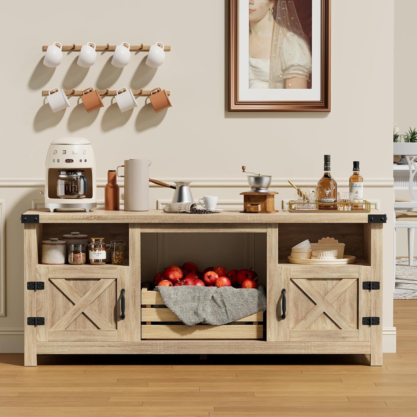 YESHOMY Fireplace TV Stand with Barn Doors and Open Display Shelf, Farmhouse Media Console with Hidden Cable Routing, Entertainment Center for Televisions up to 65+ Inch, Natural Oak