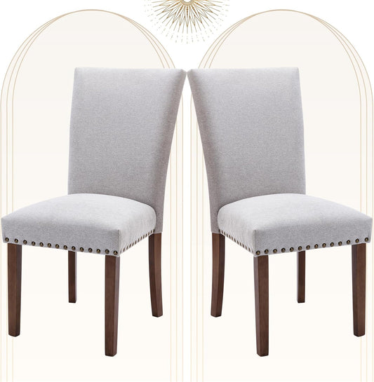 COLAMY Upholstered Parsons Dining Chairs Set of 2, Fabric Dining Room Kitchen Side Chair with Nailhead Trim and Wood Legs - Light Grey