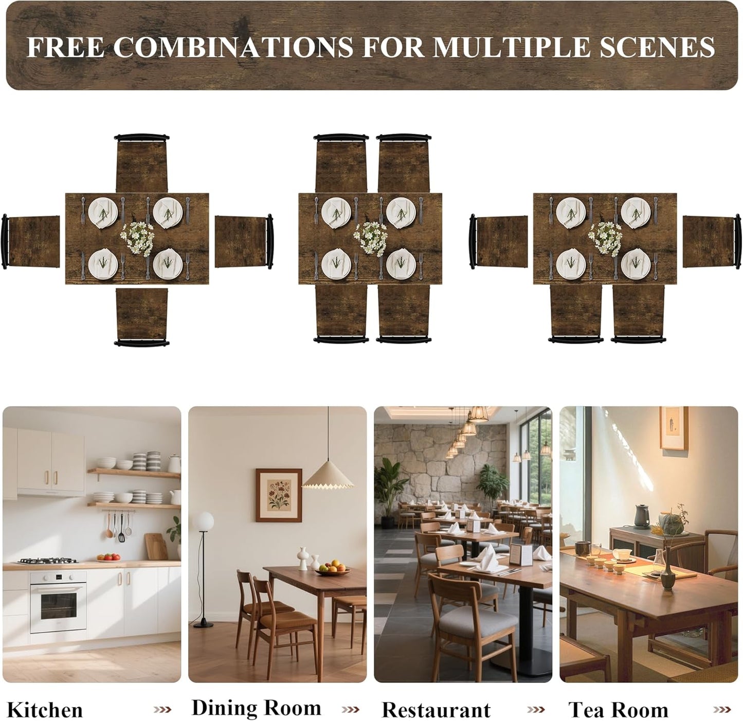 5 Piece Dining Table Set with 1.6" Thick Desktop, Modern Metal&Wood Kitchen Dinner Table with 4 Chairs, Dining Room Table Sets for Small Spaces, Brown