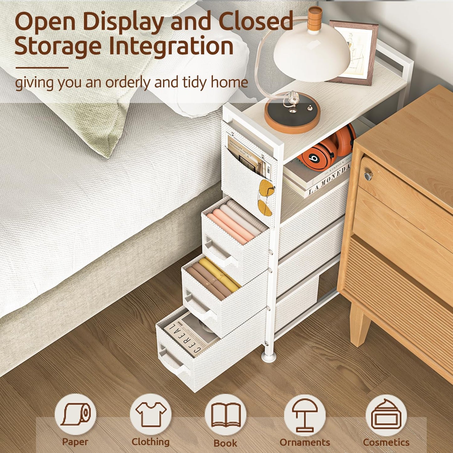 3 Drawer Small Narrow Side End Table for Small Spaces, Slim Nightstand Bedside Sofa Table with Wheels, Space Saving Skinny Thin Couch Desk with Storage Bag for Bedroom Living Room Bathroom,White