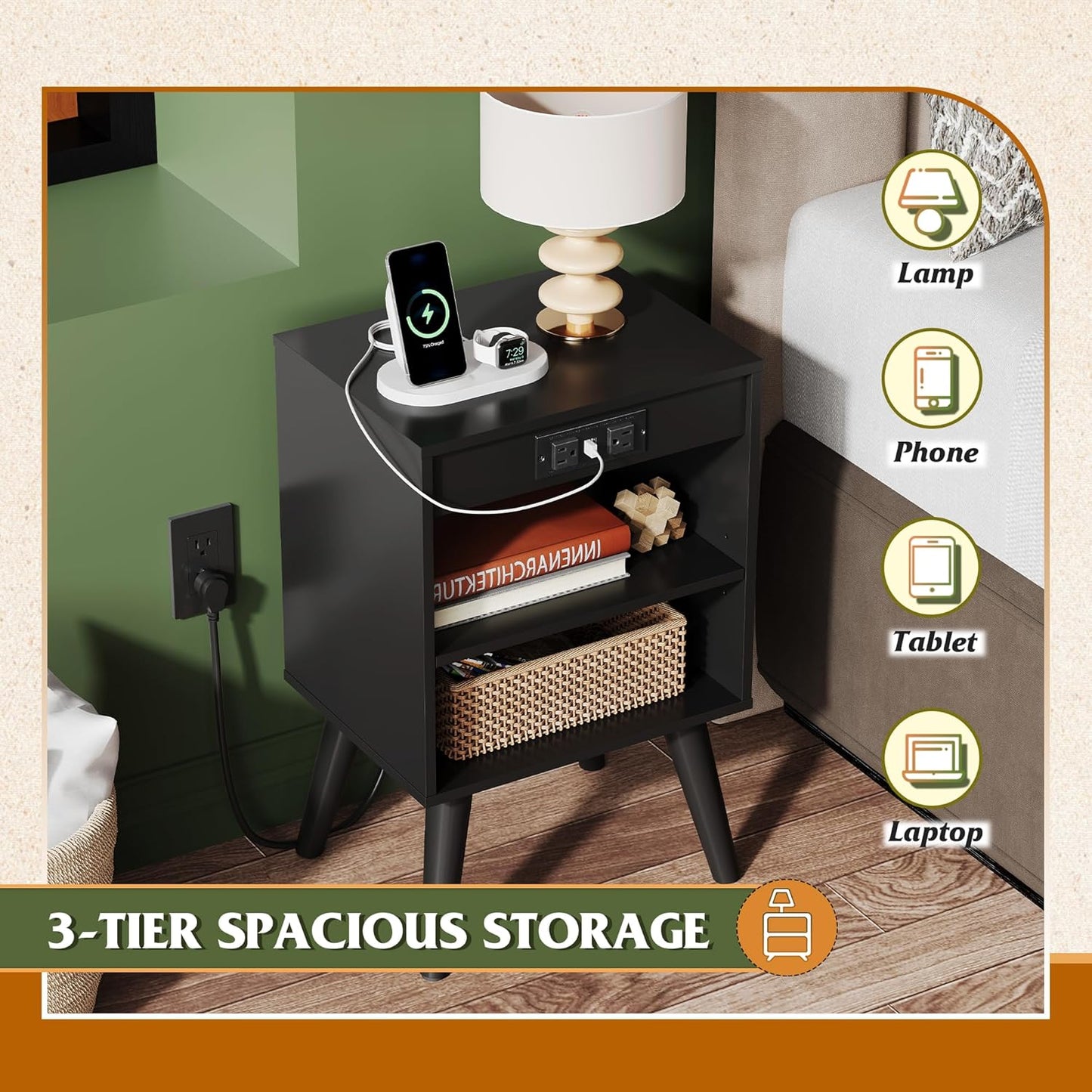 WLIVE Black Nightstand, Night Stand with Charger Station, Bedside Tables, Side Table with Storage Shelf, End Table with USB Ports and Outlets for Bedroom, 15.12" D x 11.73" W x 23.74" H