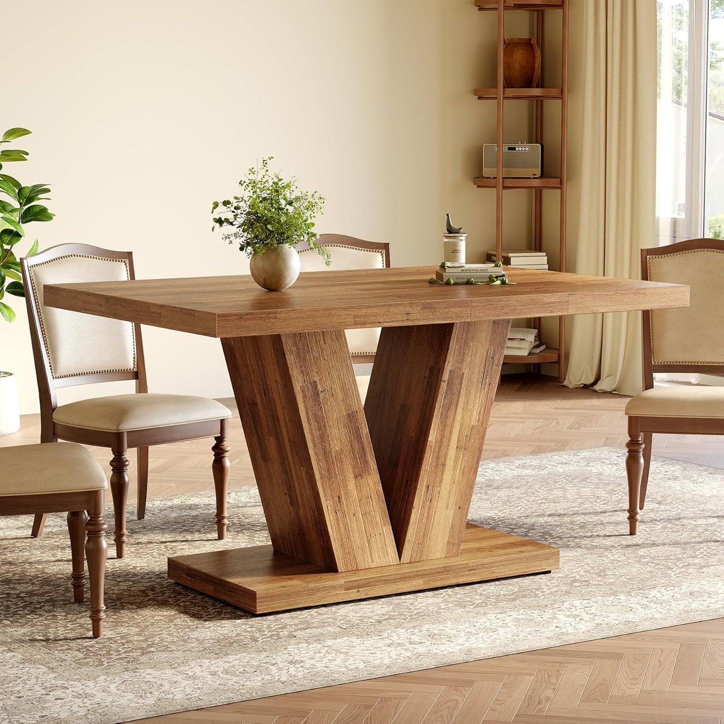 LITTLE TREE 47 Inches Dining Table for 4, Modern Dining Room Tables, Brown Rectangle Kitchen Table with V-Shaped Pedestal, Wooden Dinner Table for Dining Room, Living Room