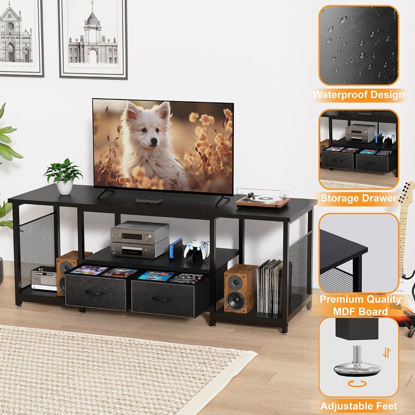 TV Stand with Drawers and Open Storage Shelves for 75 70 65 Inch TV, Entertainment Center with Open Storage Shelves, Industrial Media TV Console Table for Living Room Bedroom Office, Black