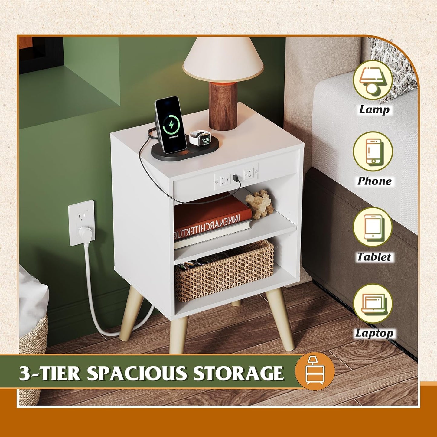 WLIVE White Nightstand, Bedside Tables, Night Stand with Charger Station, Side Table with Storage Shelf, End Table with USB Ports and Outlets for Bedroom, 15.12" D x 11.73" W x 23.74" H