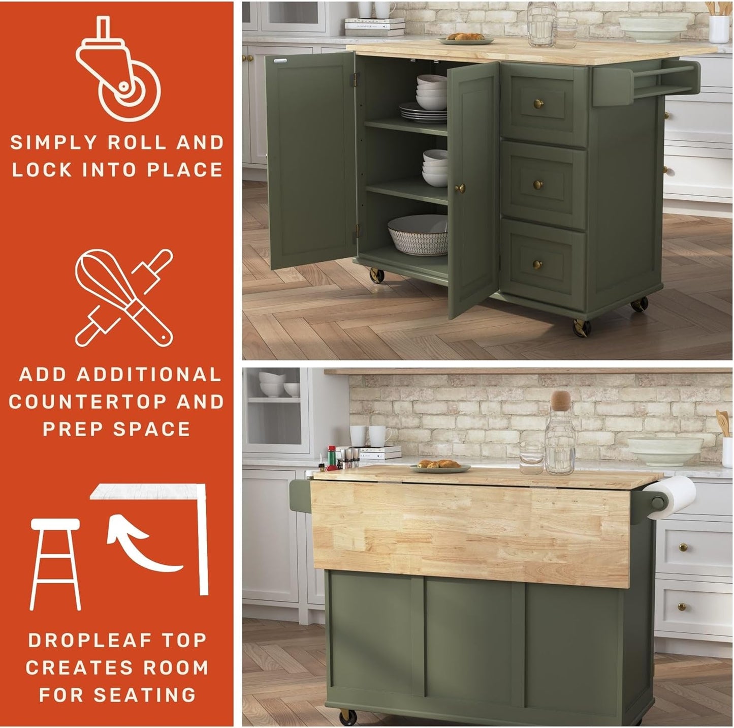 Homestyles Mobile Kitchen Island Cart with Wood Top and Dropleaf Breakfast Bar, 18" D x 53.5" W x 36" H, Green