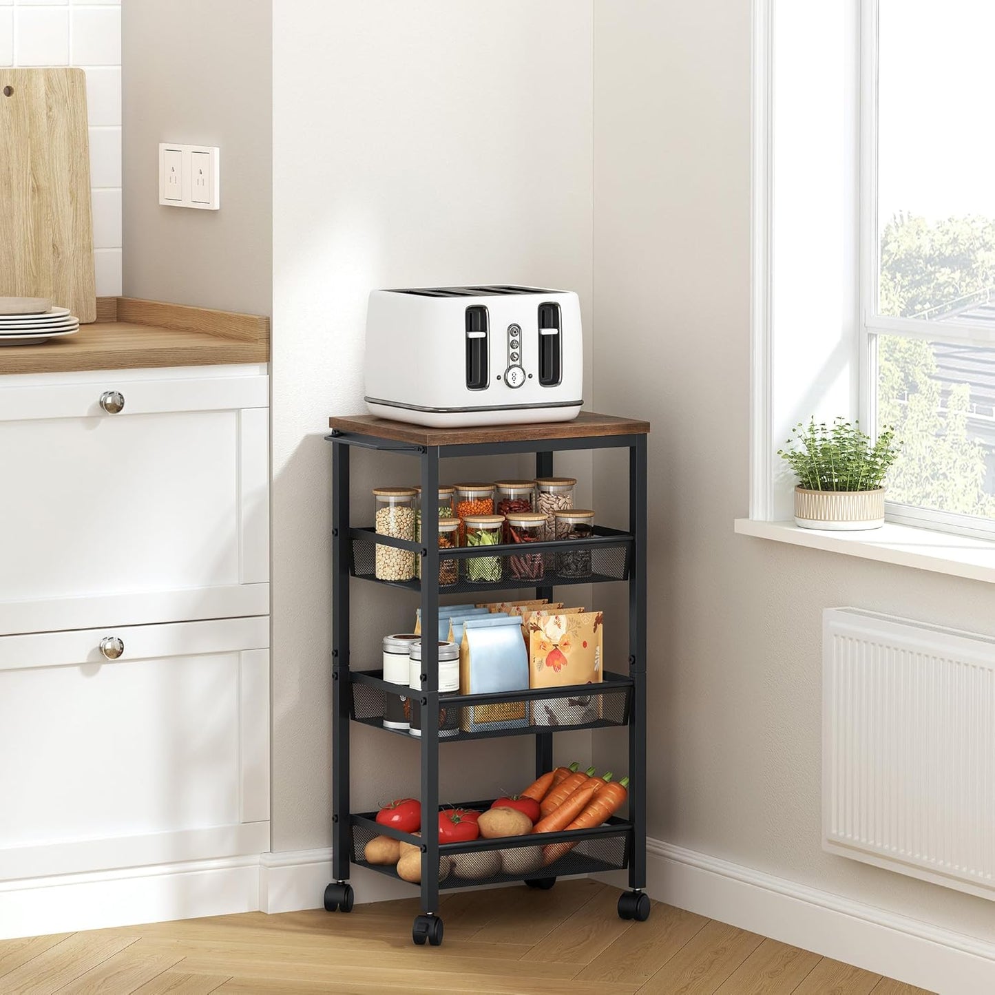 Hoctieon Rolling Storage Cart, 4-Tier Wide Panel Kitchen Storage Cart, Utility Carts with Handle & Wheels, Mobile Shelving Unit, Metal Frame Narrow Carts for Home Kitchen, Laundry, Rustic Brown