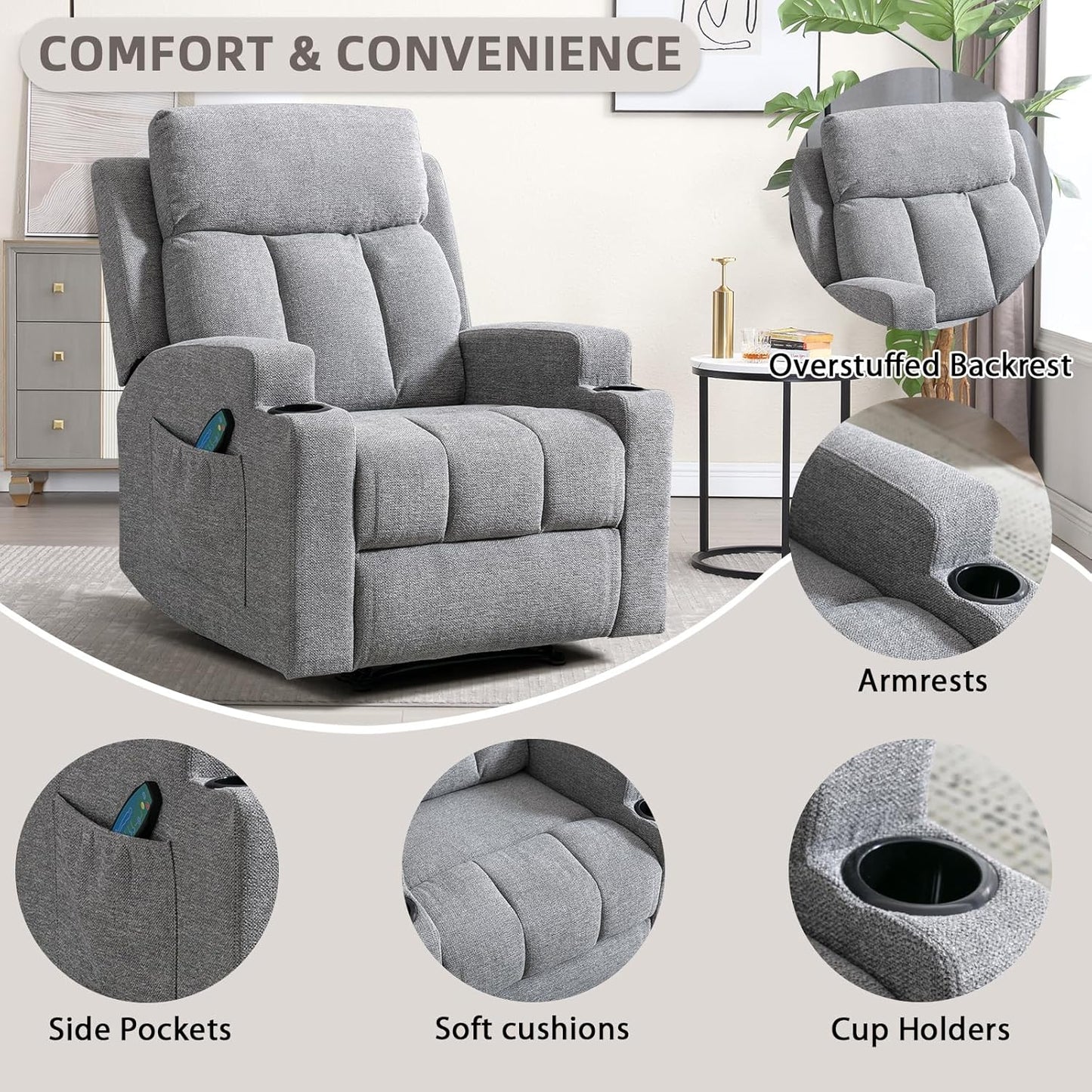 Phoenix Home Manual Recliner Chair Set of 2 with Massage and Heat, Ergonomic Overstuffed Breathable Fabric Recliner Single Sofa Seat with 2 Cup Holders, Living Room Lounge Recliners on Clearance, Gray