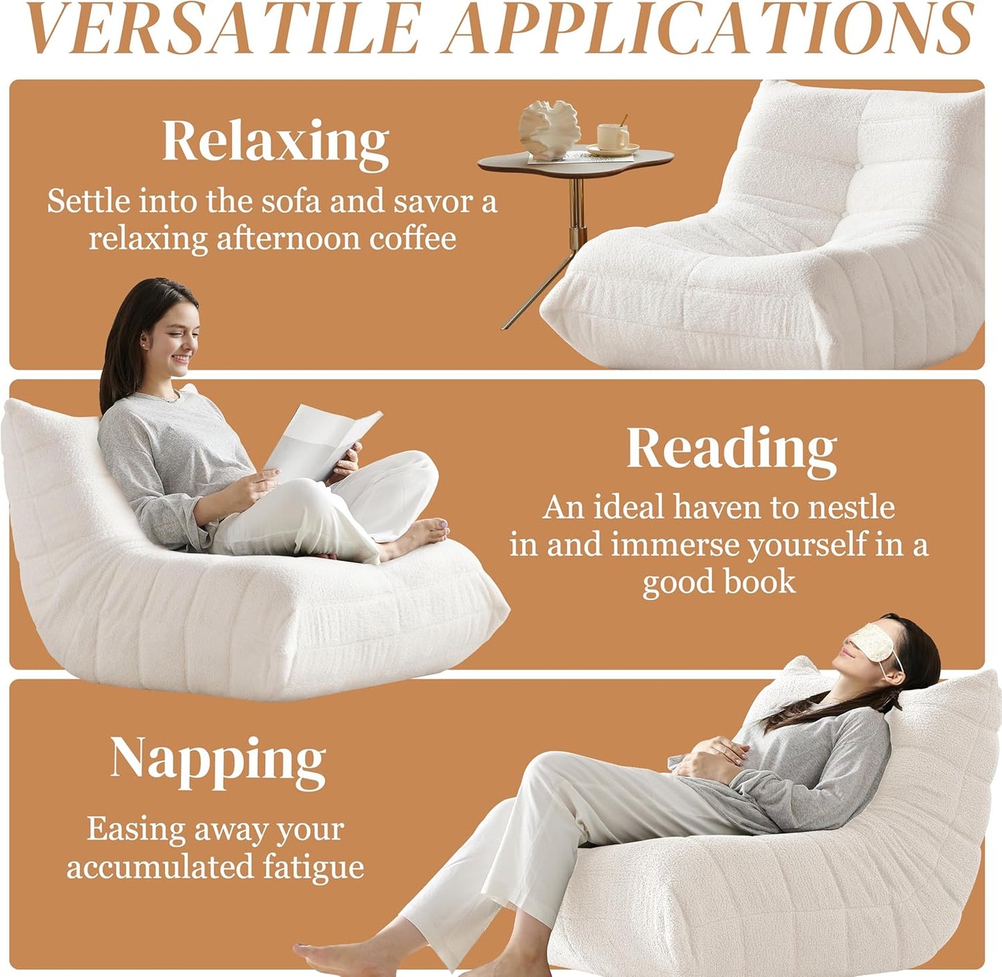 Bean Bag Chair, Fireside Chair Bean Bag Sofa for Adults, Bean Bag Chairs for Teens with High-Resilience Foam, Memory Foam & Non-Slip Base Bean Bag for Living Room, Bedroom, Office (Teddy, Beige)