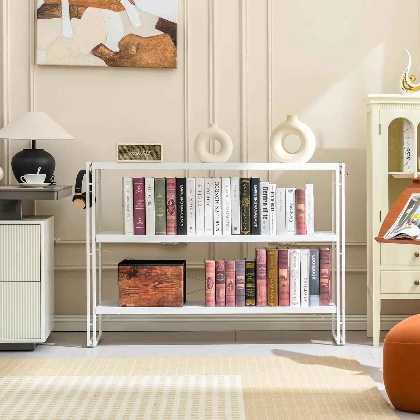 HCHQHS Bookshelf, 3-Tier Industrial Bookcase, White Open Book Shelf, Freestanding Horizontal Bookshelves with Metal Frame