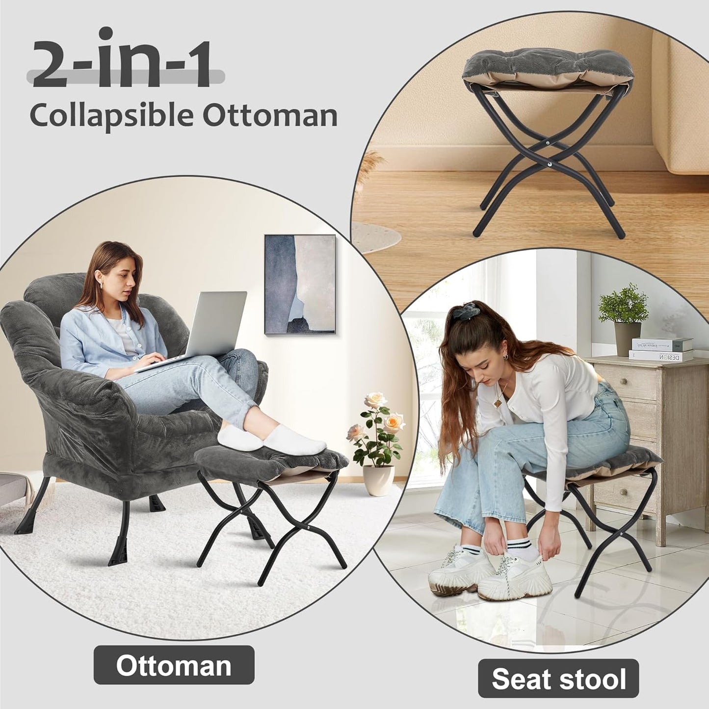 Fabric Lazy Chair with Ottoman, Oversized Upholstered Sofa Chair for Adults, Plush Comfy Lounge Chair with Large Side Storage Pocket, Reading Chair for Living Room, Bedroom, Office, Dark Gray