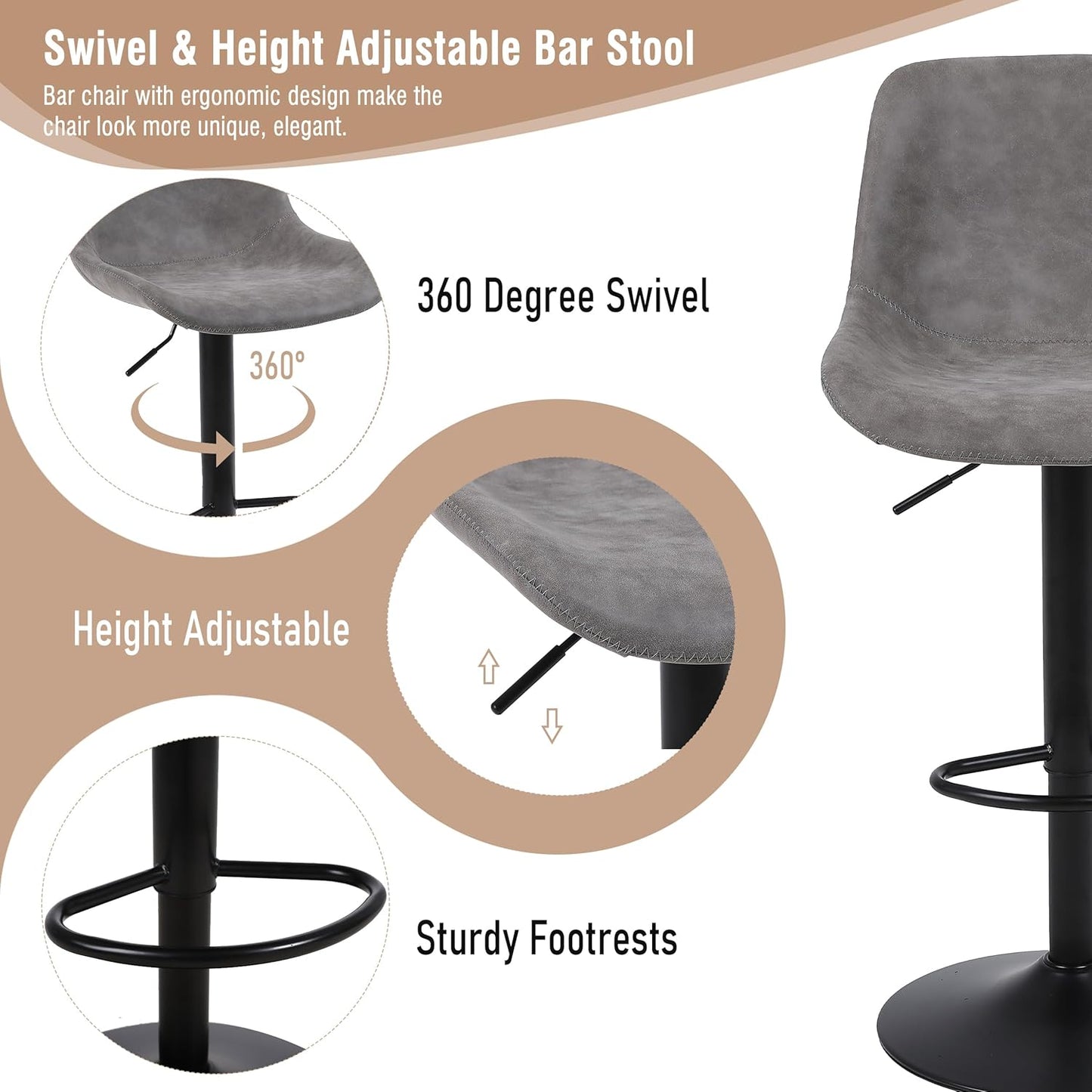 Bar Stools, Swivel Counter Height Barstools with Back, Adjustable Modern Bar Chairs, Tall Armless PU Leather Kitchen Island Stool (Grey, Set of 3)