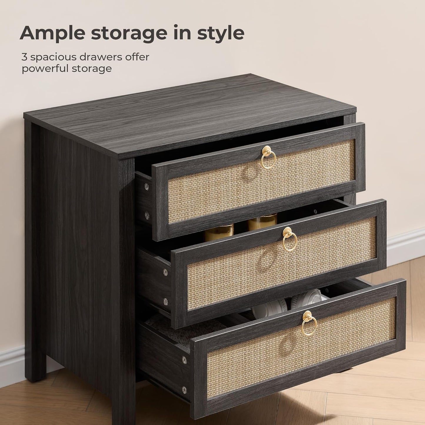 SICOTAS Nightstand Set 2 with Drawers - Large Rattan Bedside Table with Golden Handle, 3 Drawers Night Stand 26.78" Wide Side Table Boho Nightstand for Bedroom