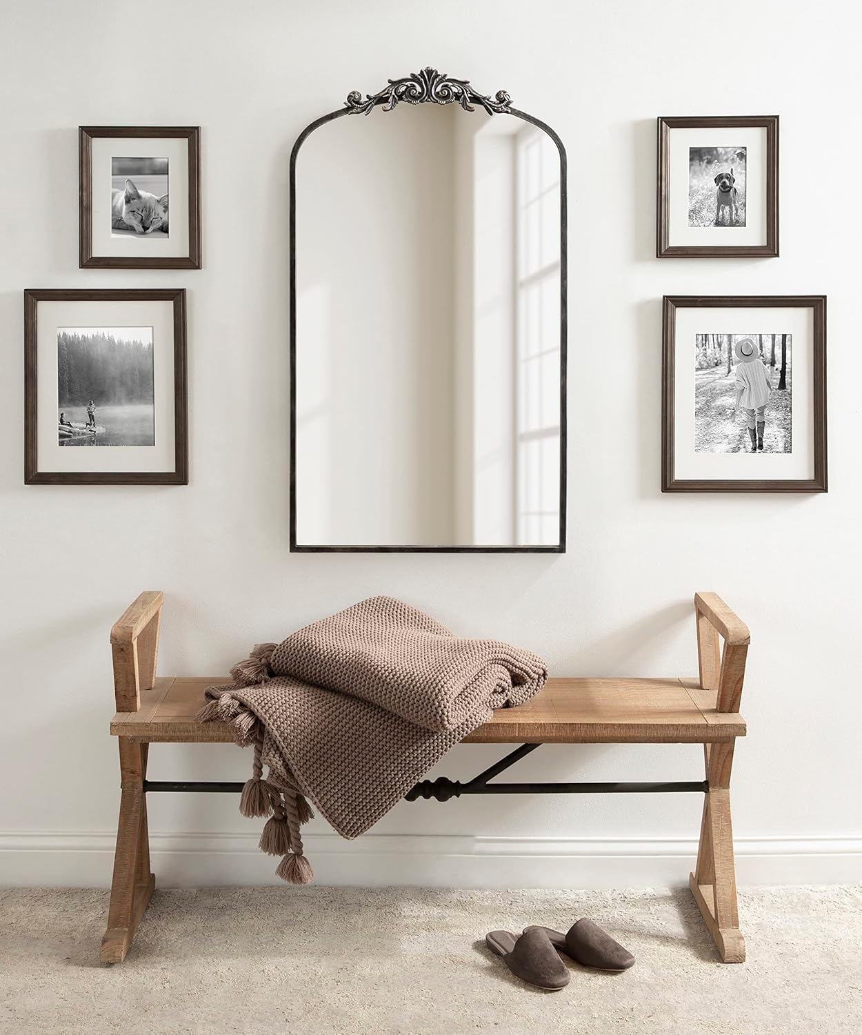 Kate and Laurel Arendahl Vintage Glam Arched Tall Panel Mirror; 24 x 42; Antique Black; Traditional Baroque Large Body Wall Mirror with Ornate Garland Inspired Crown