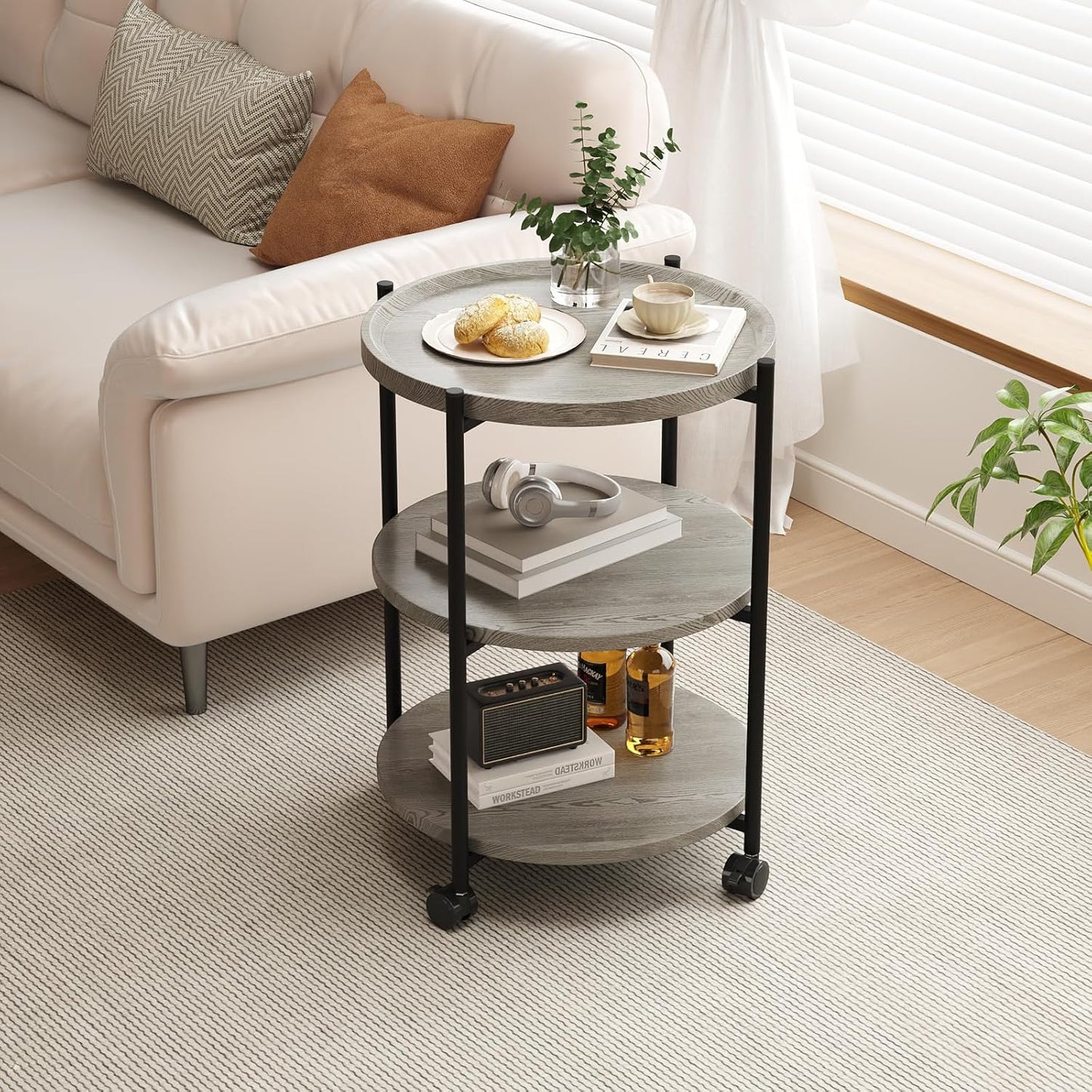 End Tables Living Room, 3-Tier Modern End Table with Wheels, Small Side Table Nightstand Bedside Table for Living Room, Bedroom, or Small Spaces-Gray