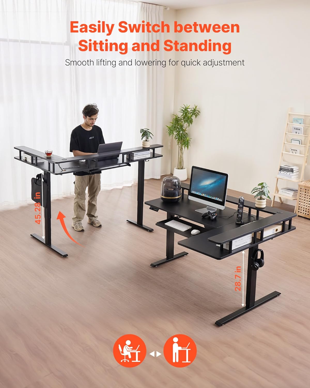 VEVOR L Shaped Desk, Electric Adjustable Height Corner Gaming Desk with Keyboard Tray and Dual Hooks, Heavy Duty L-Shaped Computer Table with Light Strip for Home Office, Easy to Assemble, Black