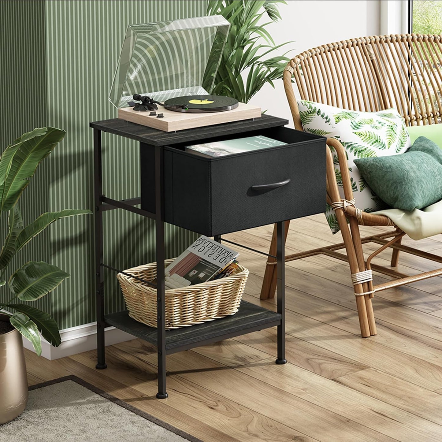 WLIVE Night Stand Set 2, Black Nightstand with Fabric Storage Drawer and Open Wood Shelf, Nightstand Set of 2 with Steel Frame, Side Table for Bedroom, Dorm, Charcoal Black, 25.03" Height