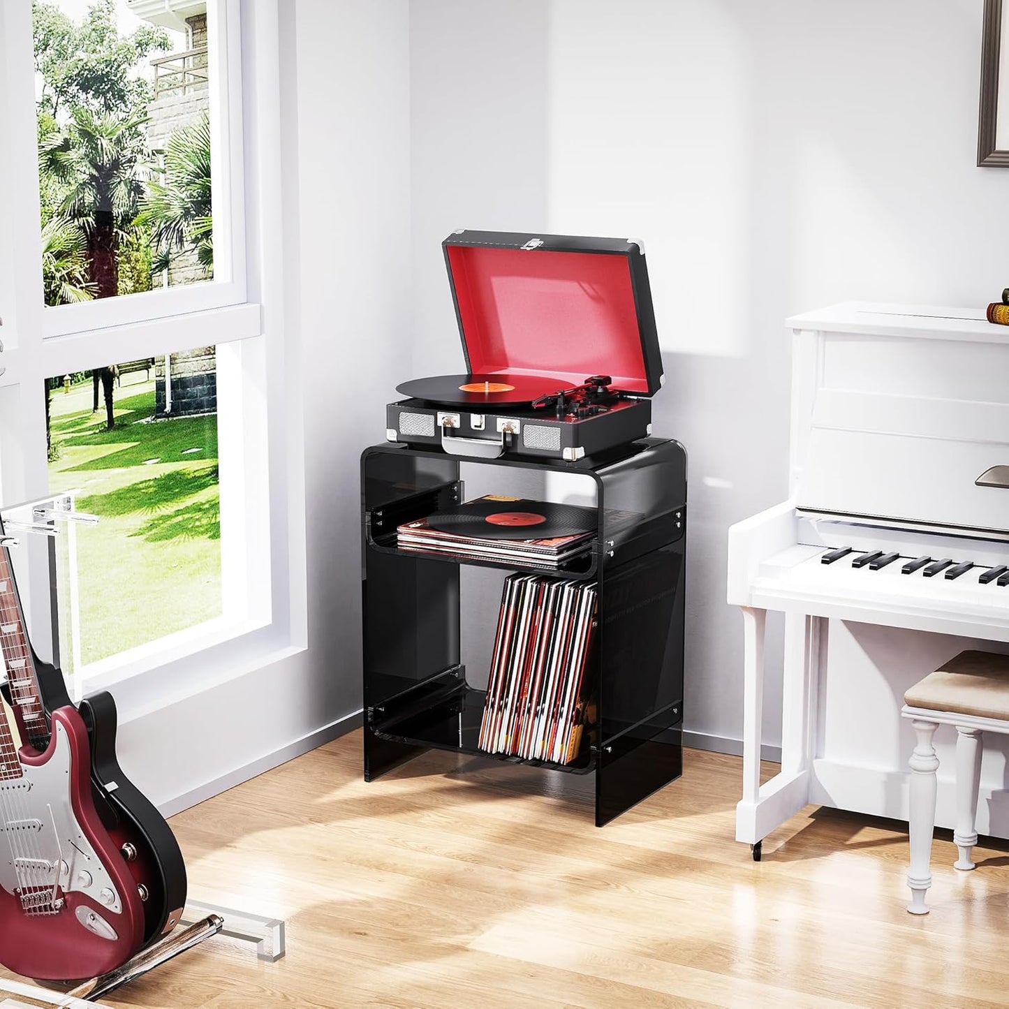 Acrylic Record Player Table with Storage Shelf, Clear Side Table Nightstand (Black)