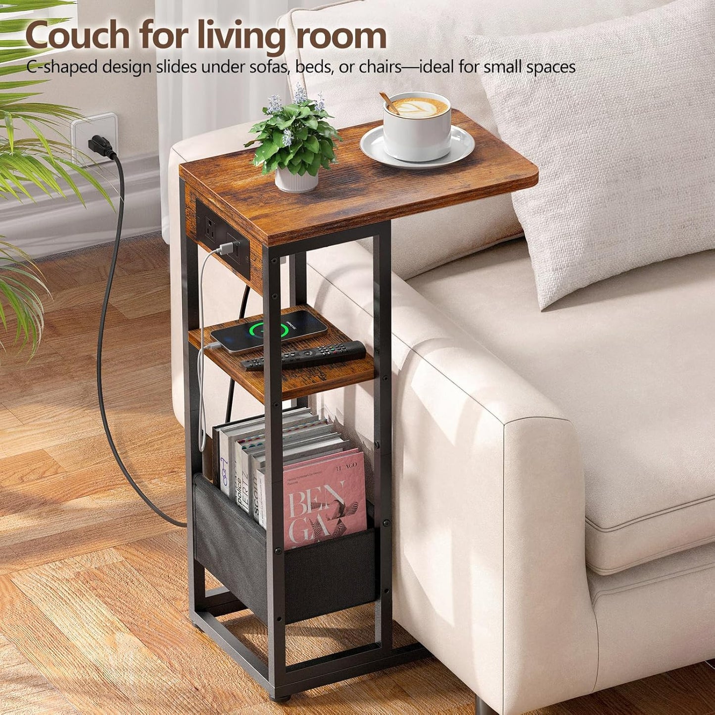 C Shaped End Table with Charging Station, Small Side Table for Couch Recliner, Slide Under Sofa Desk Snack Tables with Storage Bag & AC / USB Outlet, Small Spaces Drink Tables for Living Room, Bedroom