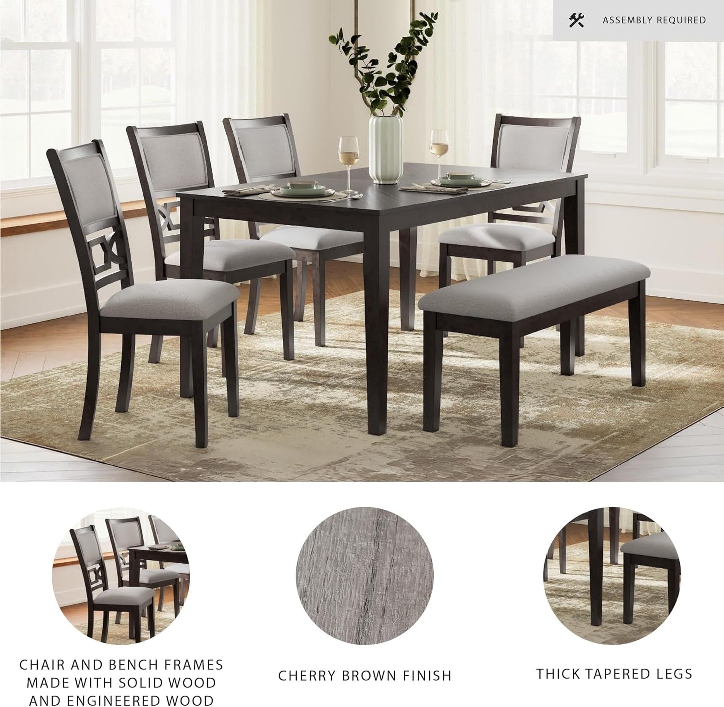 Signature Design by Ashley Langwest Transitional Diamond Patterned Dining Table with 4 Upholstered Chairs and Bench, Set of 6, Dark Brown & Beige