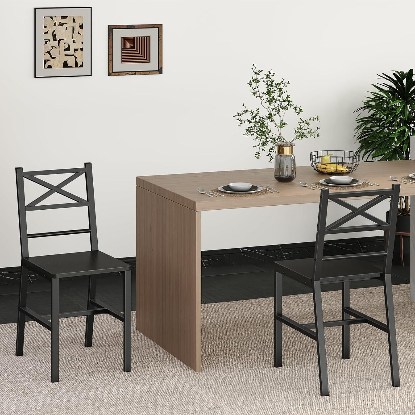 Dining Chair Set of 2, Rustic Wooden Kitchen Chairs with Backrest, Farmhouse Dining Chairs for Kitchen, Industrial Style Chair with Metal Frame, Easy Assembly, Black TBHB1001