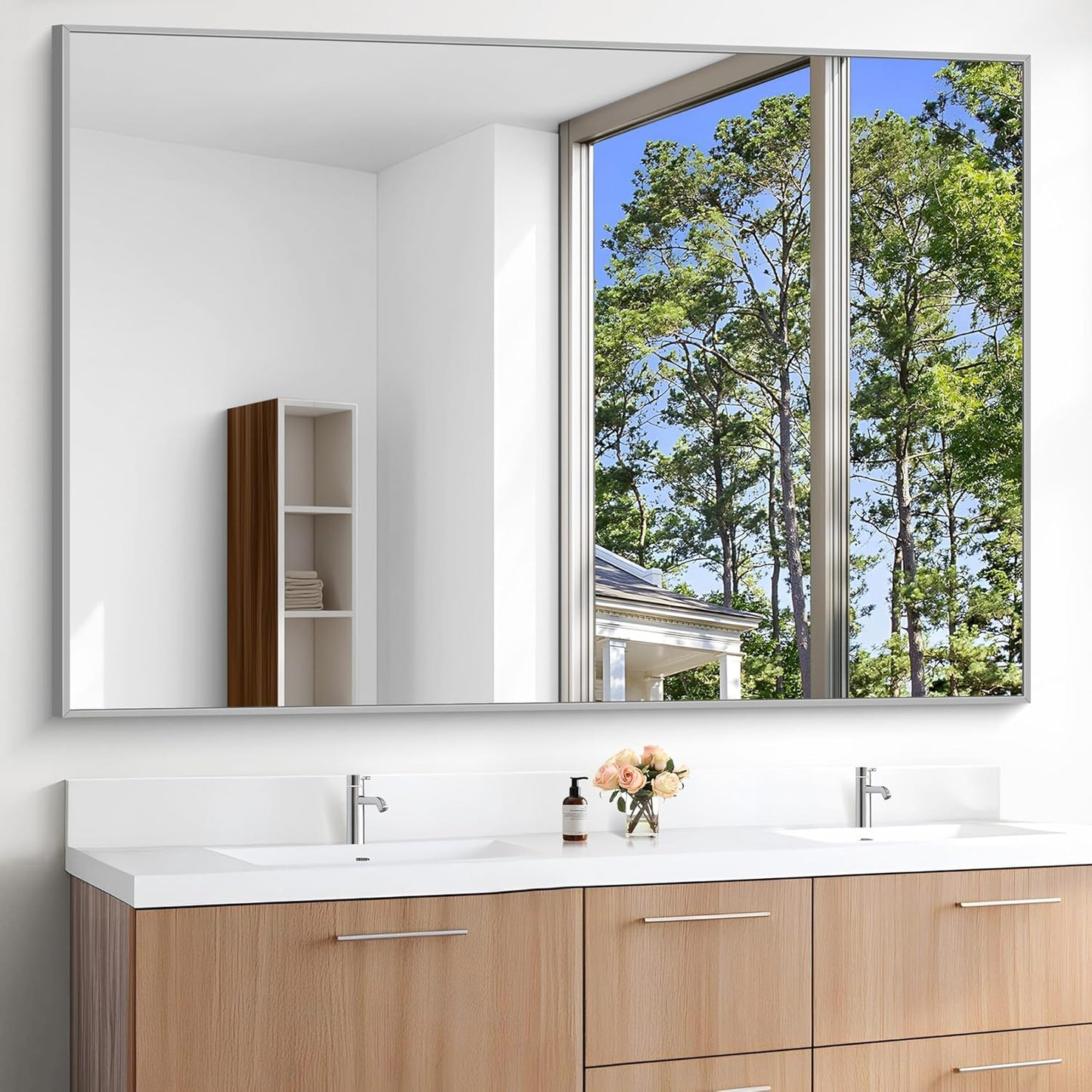 KOCUUY Large Silver Bathroom Mirror, 60x40 inch Rectangular Mirror for Bathroom Sink, Oversized Mirror with Metal Brushed Nickel Frame for Living Room, Farmhouse, Entryway, Hang Horizontal/Vertical