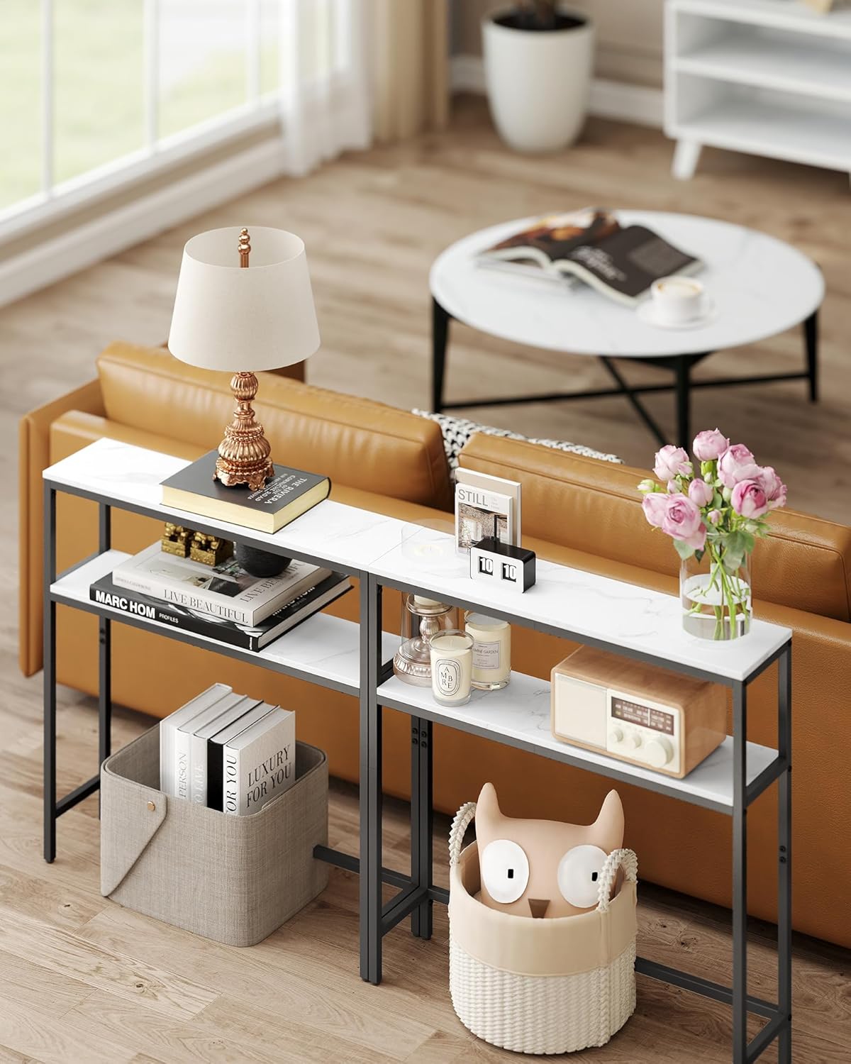 VASAGLE Console Table, 2-Tier Narrow Sofa Table with 2 Shelves, 7.9 x 31.5 x 31.5 Inches, for Living Room, Hallway, Entryway, Marble White and Ink Black ULNT130W59V1