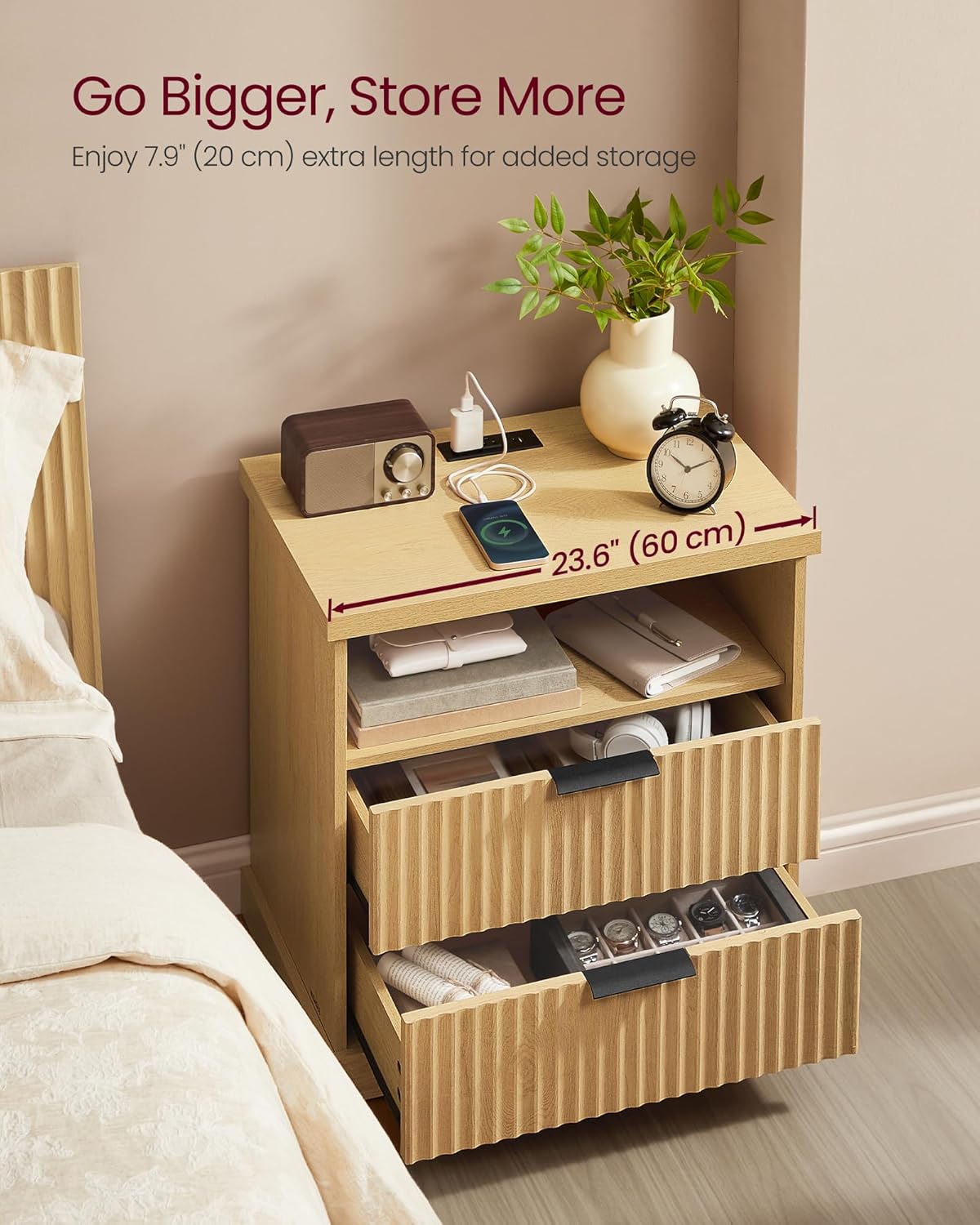 VASAGLE MAXE Collection - Nightstand with Charging Station, Bedside Table, Side End Table with 2 Drawers, Open Shelf, 2 AC Outlets, 2 USB Ports, Transitional, for Bedroom, Oak Beige ULET626Y01S