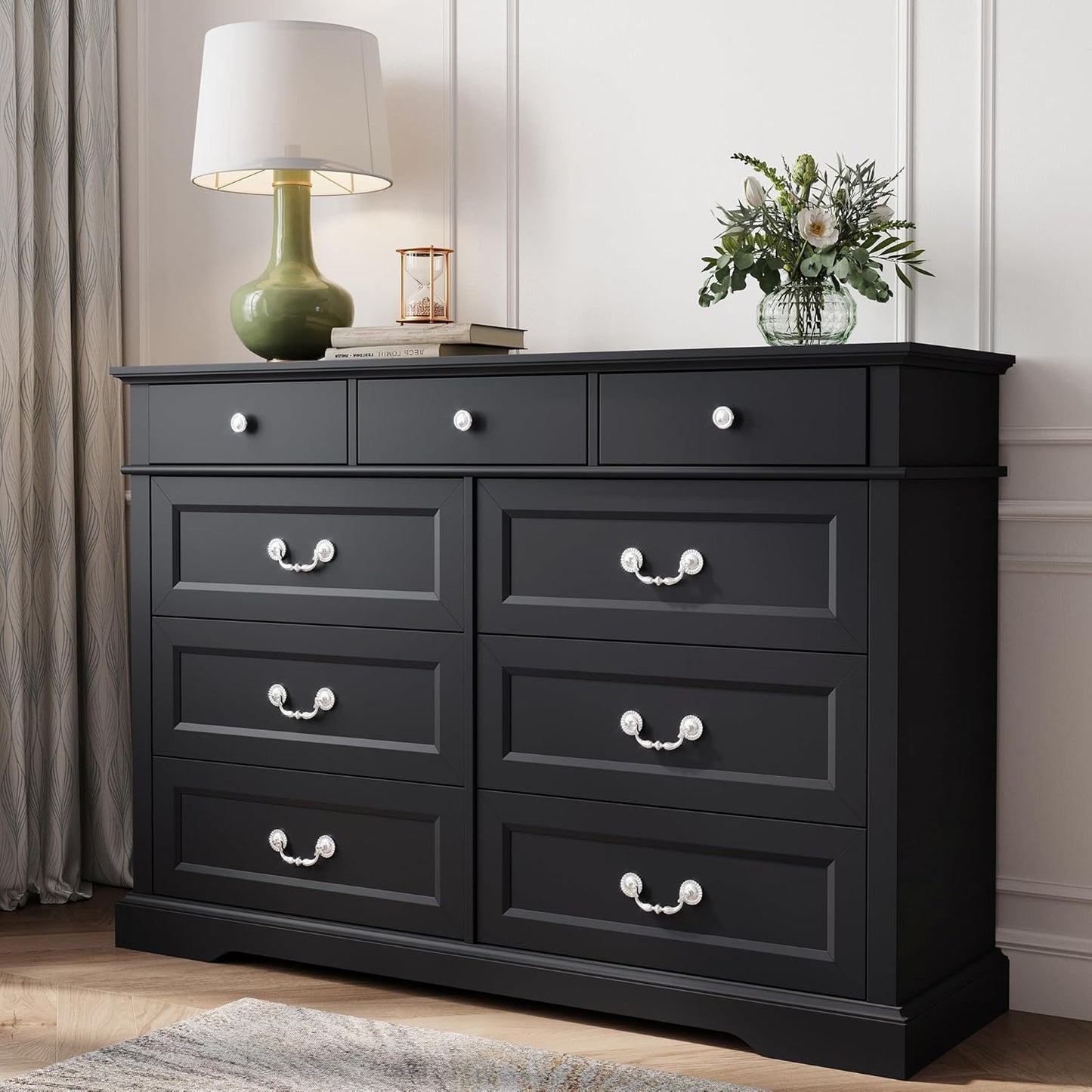 LINSY HOME 9 Drawers Dresser for Bedroom, 54" Wide Wooden Storage Chest with Antique Handles, Modern Farmhouse Large Dresser TV Stand, Chest of Drawers for Closet, Living Room, Hallway, Black
