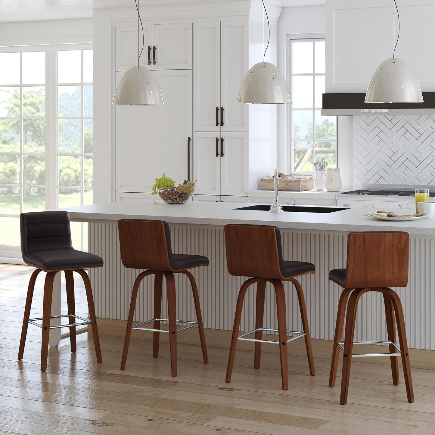 Armen Living Vienna 26" Counter Height Swivel Brown Faux Leather and Walnut Wood Bar Stool