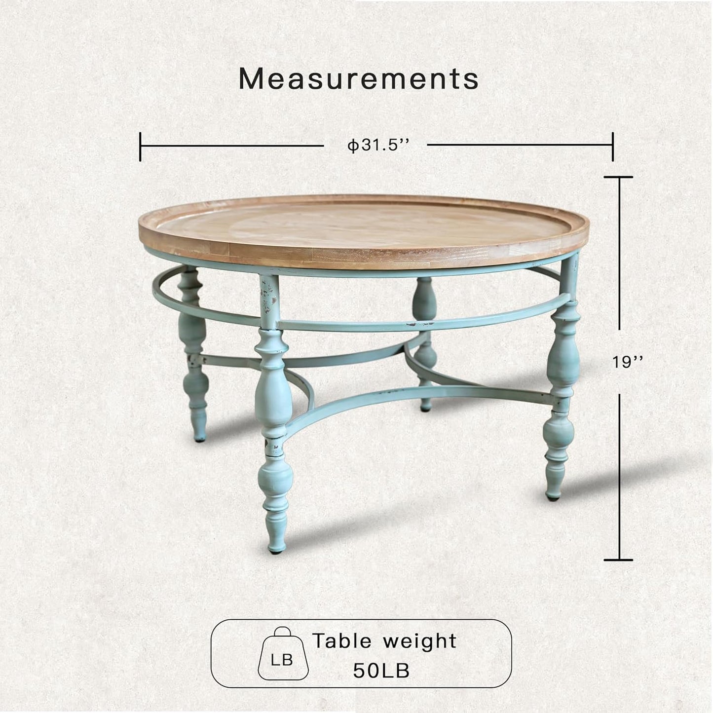 Rustic Farmhouse Round Coffee Table, French Country Vintage Center Table,φ31.5'' x18.9''H Rustic Solid Wood with Vintage Iron Legs, for Living Room, Bedroom,Dinning Room,Nature White