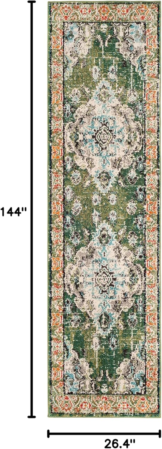 SAFAVIEH Monaco Collection Runner Rug - 2'2" x 12', Forest Green & Light Blue, Medallion Distressed Design, Non-Shedding & Easy Care, Ideal for High Traffic Areas in Living Room, Bedroom (MNC243F)