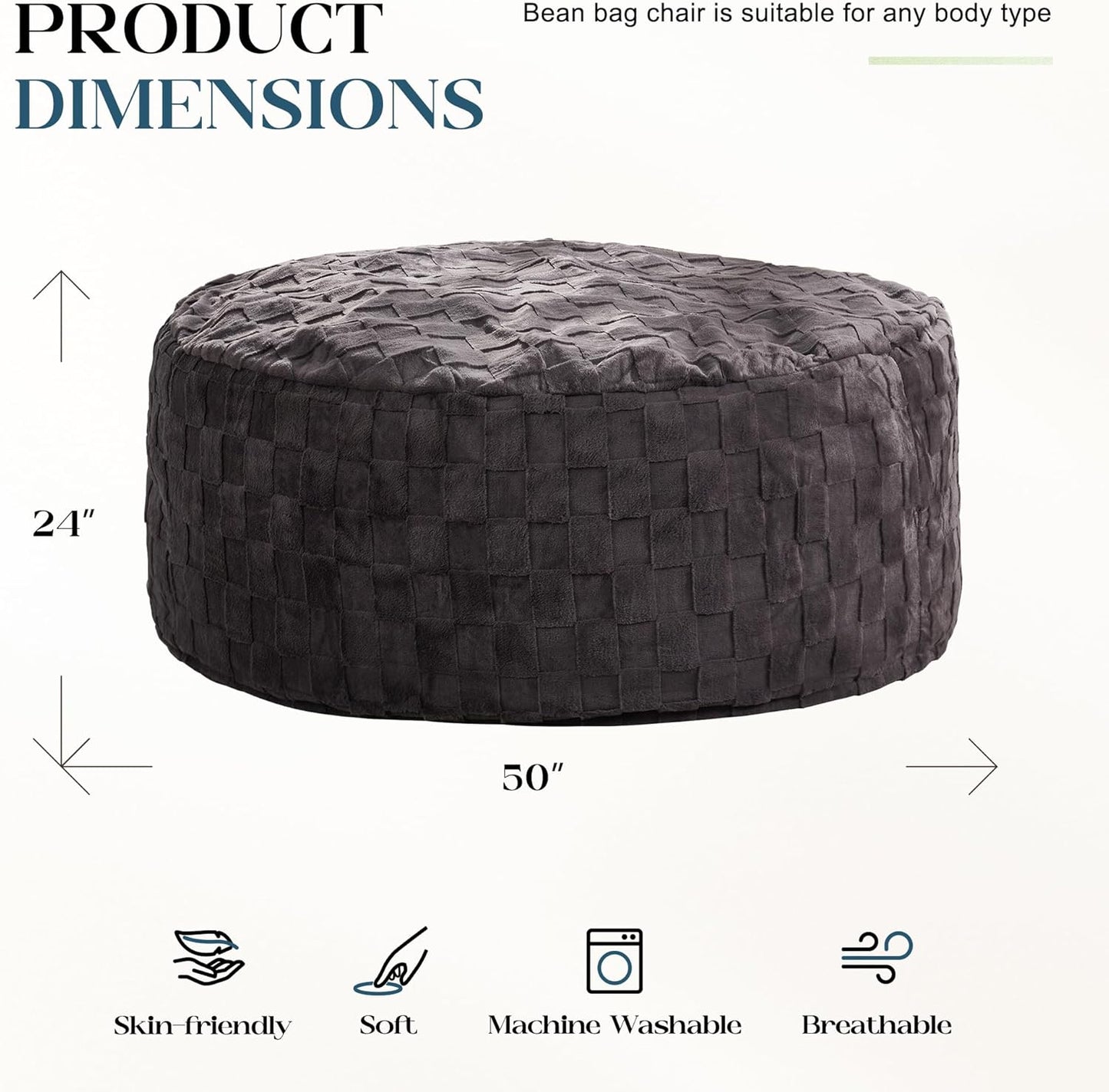 Hobestluk Bean Bag Chairs Beanbag Chair with Filler Adult Bean Bags with Fluffy Cover, Giant Bean Bag Chairs for Adults for Living Room, Bedroom (Dark Grey, 5FT - 50” x 50” x 24”)