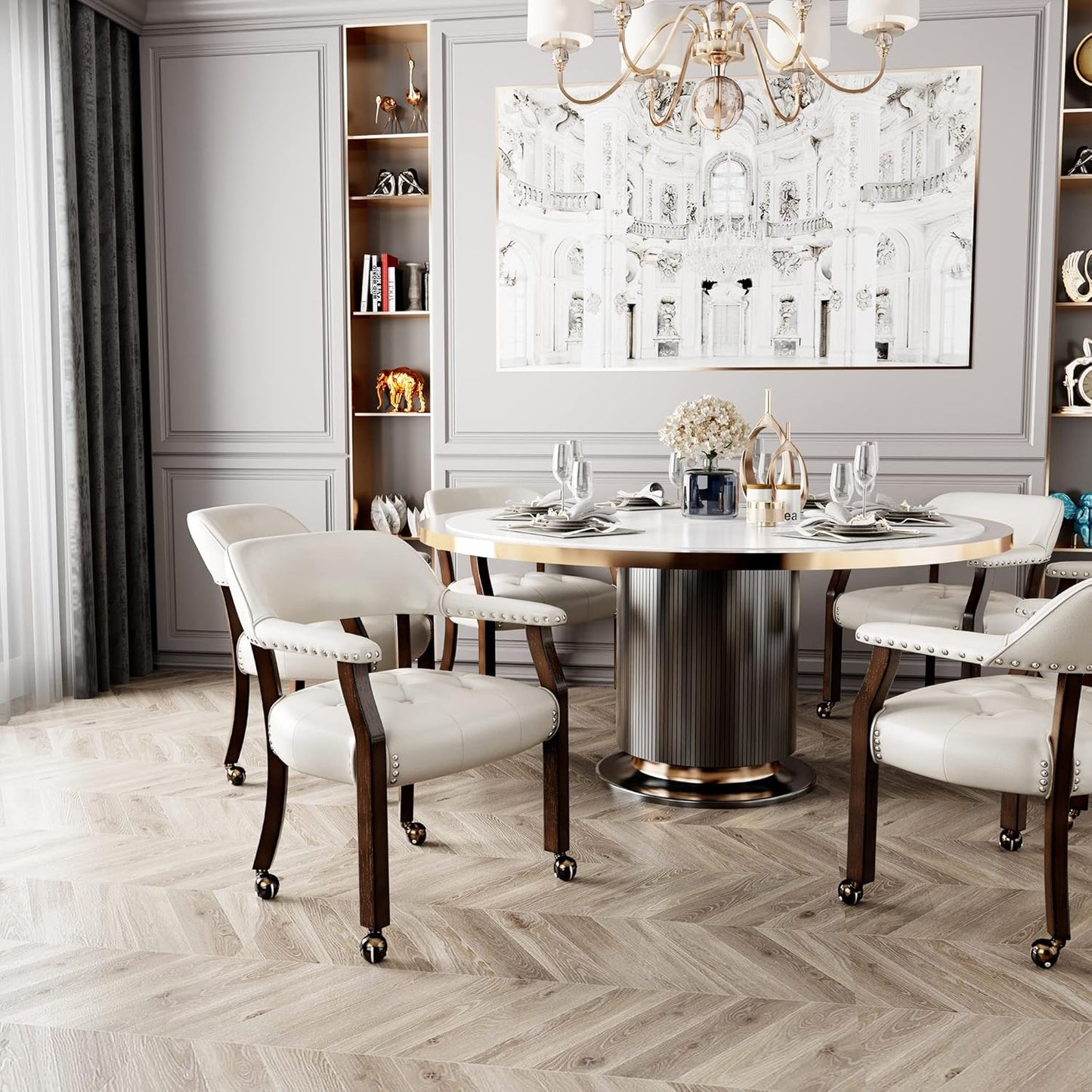 LEEMTORIG Large Dining Chairs with Casters and Arms, Rolling Dining Chairs with Wheels, Accent Solid Wood Boss Caption's Chairs, 26" D x 25.2" W x 31.5" H, Espresso Legs & Ivory PU SY-318-WT