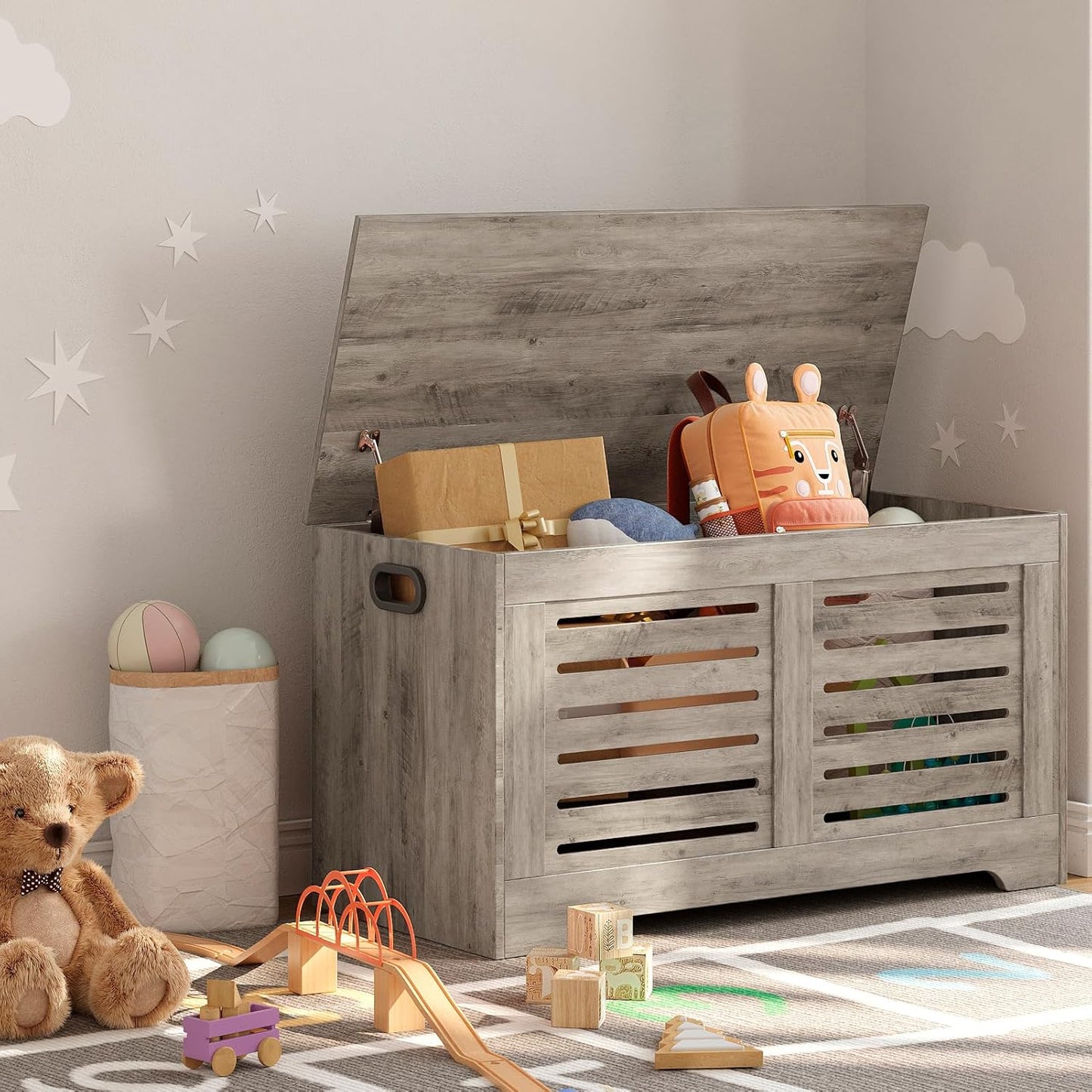 DINZI LVJ Storage Chest, Flip-Top Wooden Toy Box with 2 Safety Hinges, Retro Entryway Shoe Bench, Sturdy Large Storage Trunk for Living Room, Bedroom, Toddler Room, Easy Assembly, Grey Wash