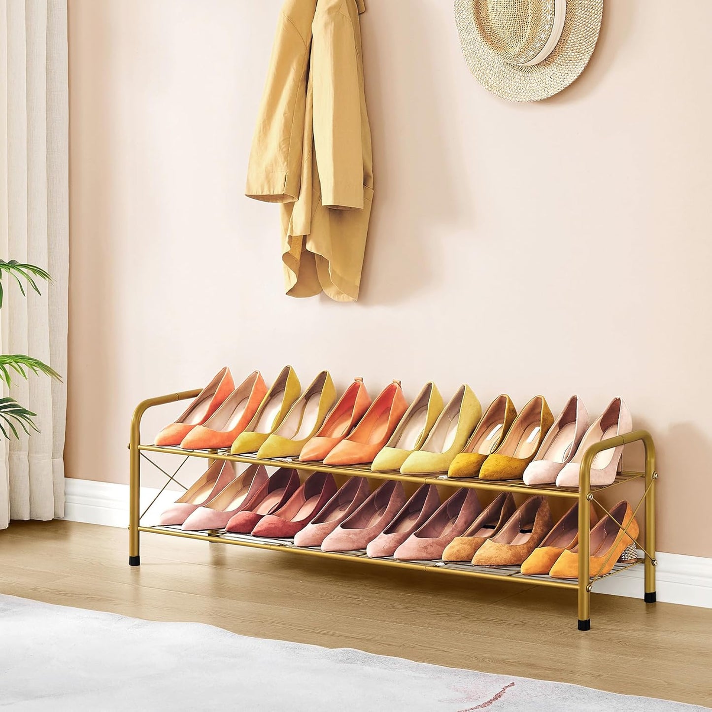 Hoctieon 2 Tier Shoe Rack for Closet, Durable Mesh Style Shoe Rack, Entryway Shoe Shelf, Shoe Storage Organizer for Hallway, Bedroom, Living Room, Wardrobe, Gold