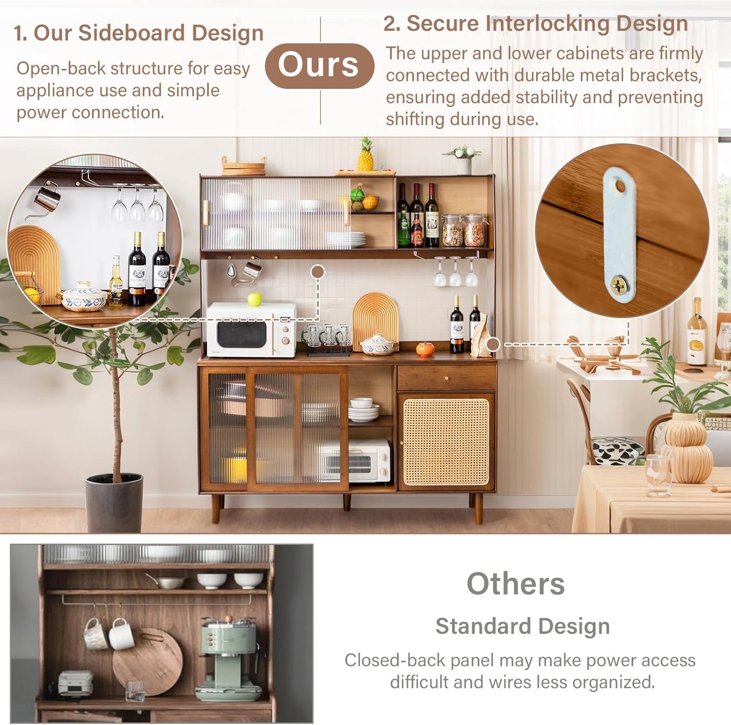 Tiita Kitchen Hutch with Countertop, 69” Rattan Solid Wood Pantry Cabinet with Hutch, Boho Bamboo Sideboard Buffet Cabinet, Boho Entryway Table for Living Room, Home Bar, Hallway, Walnut