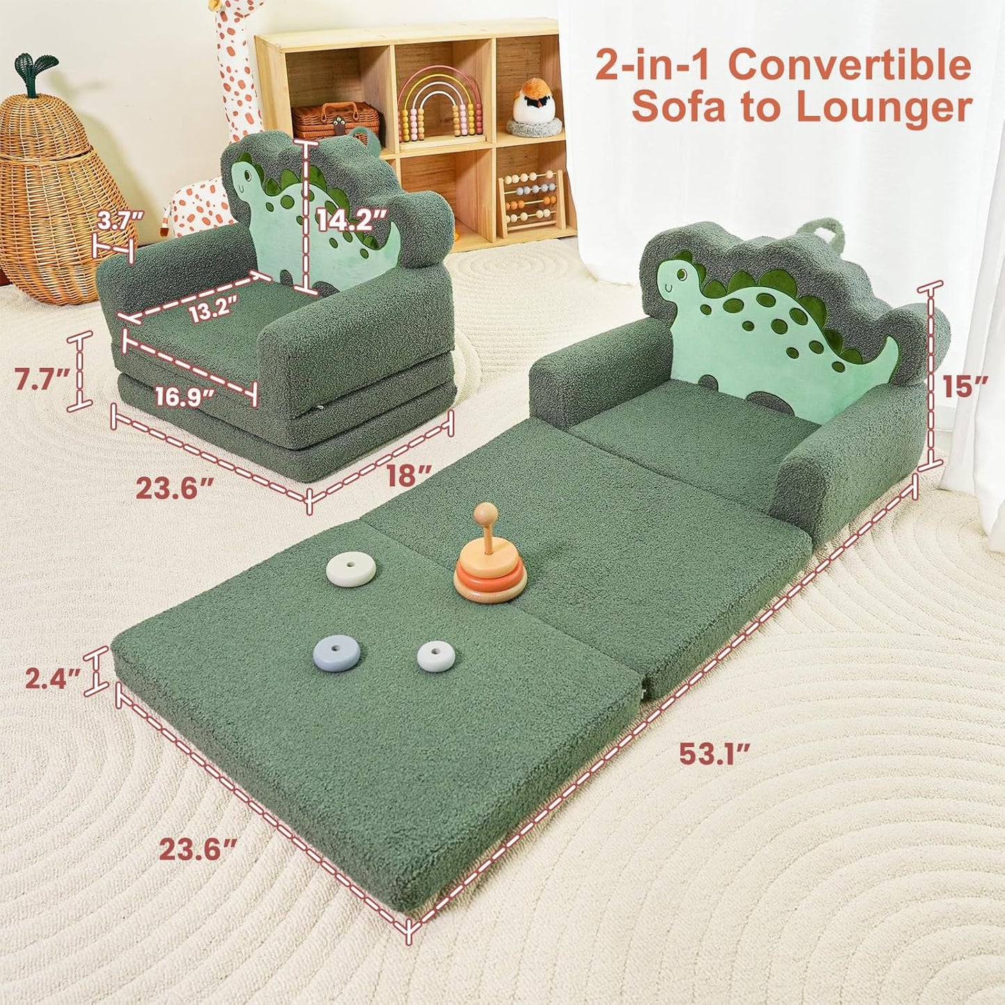 TinyPalsa Kids Couch, Convertible Sofa to Lounger Fold Out, Green Dinosaur Design Chair for Toddlers 1-3, Gift for Movie Night, Camping, and Napping