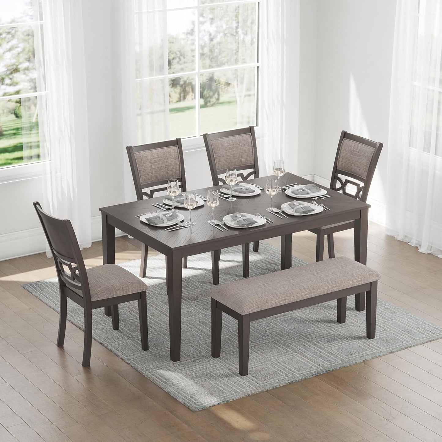 Signature Design by Ashley Wrenning Modern Diamond Patterned Dining Table with 4 Upholstered Chairs and Bench, Set of 6, Gray & Light Gray