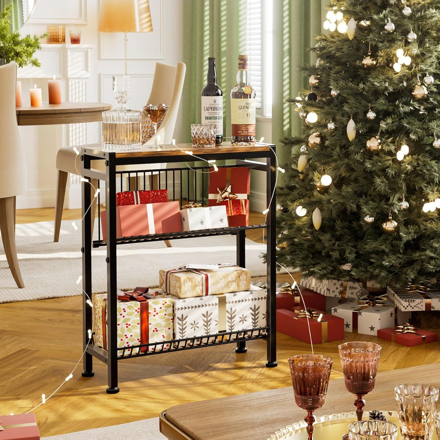 Narrow Side Table for Small Space, 3-Tier End Table with Magazine Holder,Slim Nightstand with Wire Shelf, Skinny Bedside Table in Living Room, Bedroom, Study, Kitchen and Balcony (Rustic Brown)