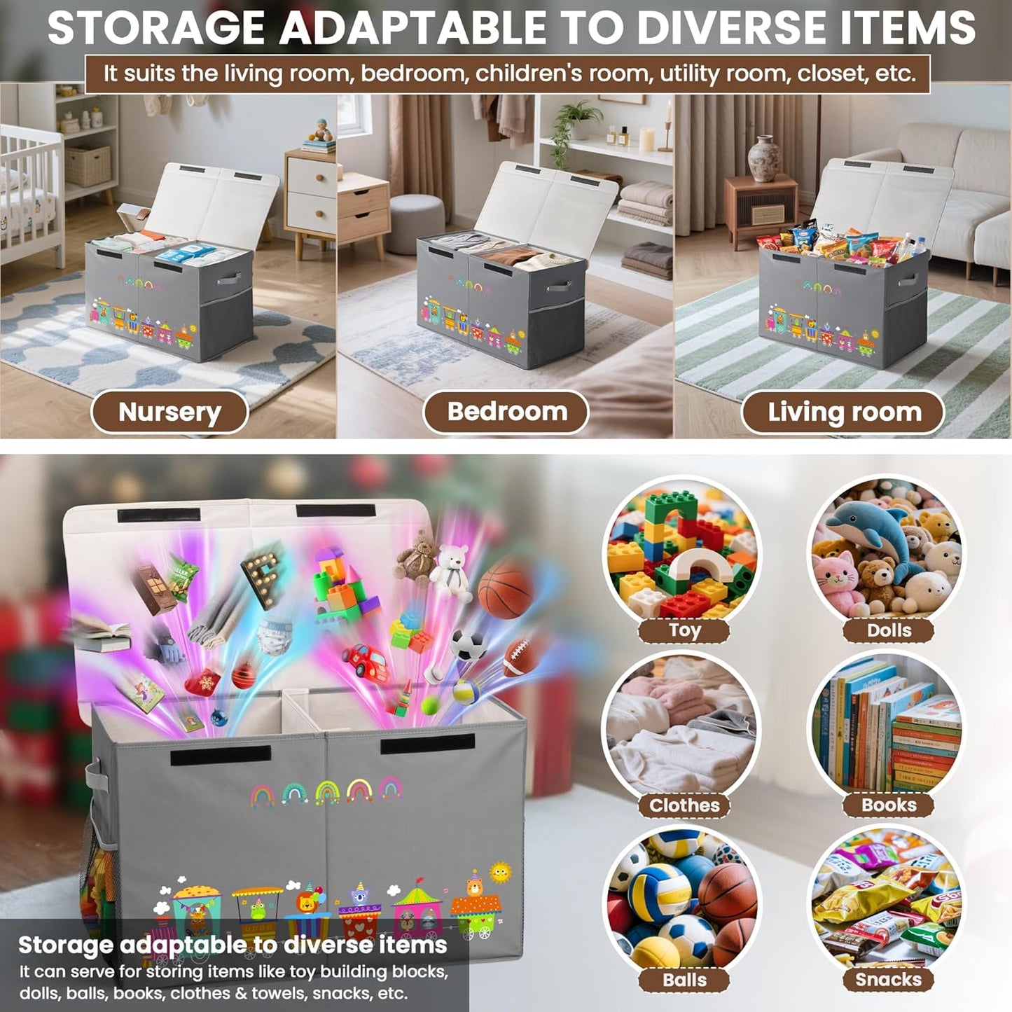 80L Large Toy Storage Box with Lid, Large Toy Box Chest for Kids, Girls and Boys, Nursery Room and Living Room, 26"x13" x16" (grey-train)