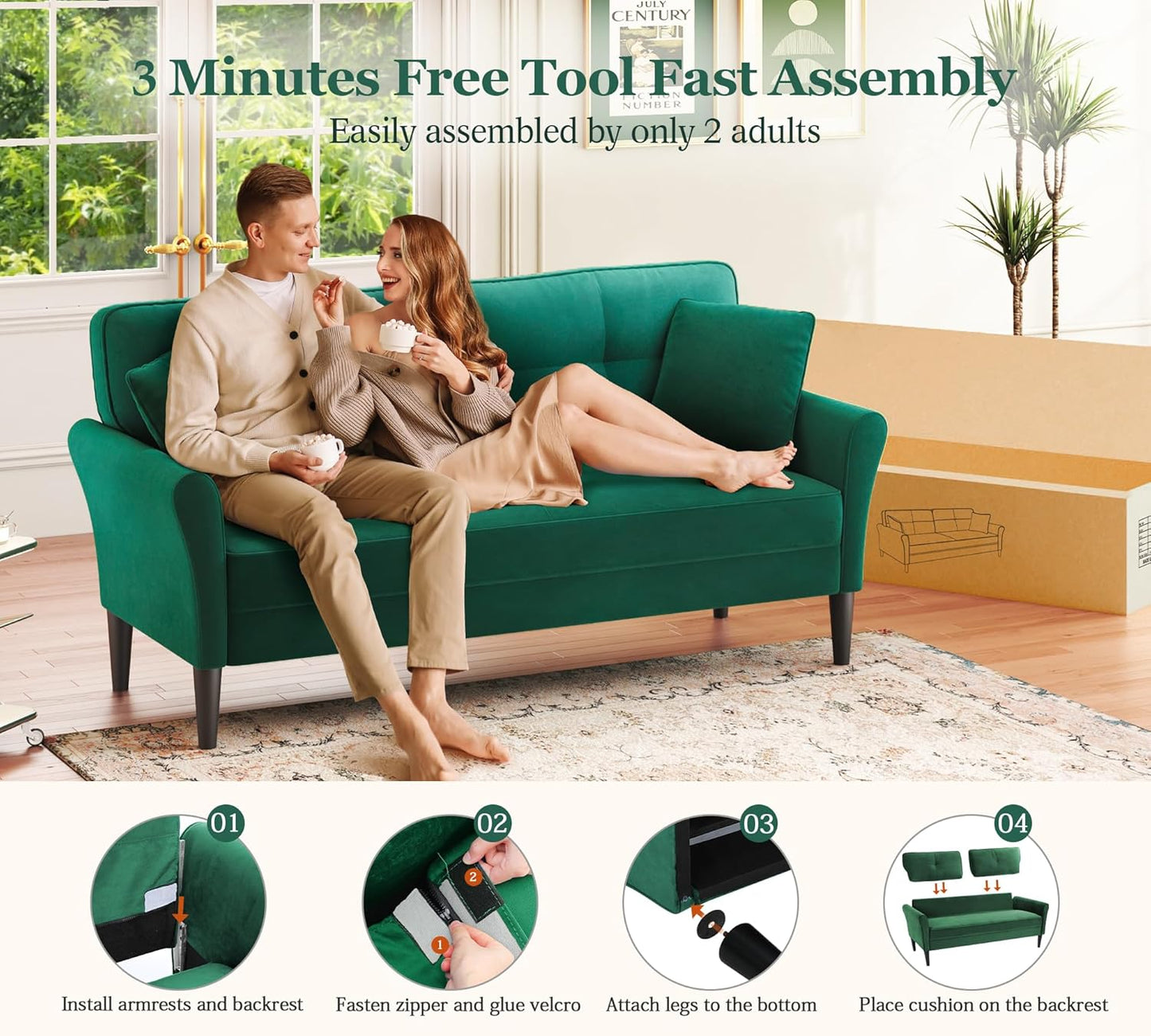 69" Small Sofa, Soft Small Couch with 2 Pillows, Comfy Love Seat Couches, Tool-Free Setup Loveseat Sofa, 700lb Load Sofas for Living Room, Cozy Couches for Living Room, Mini Couch for Bedroom, Green