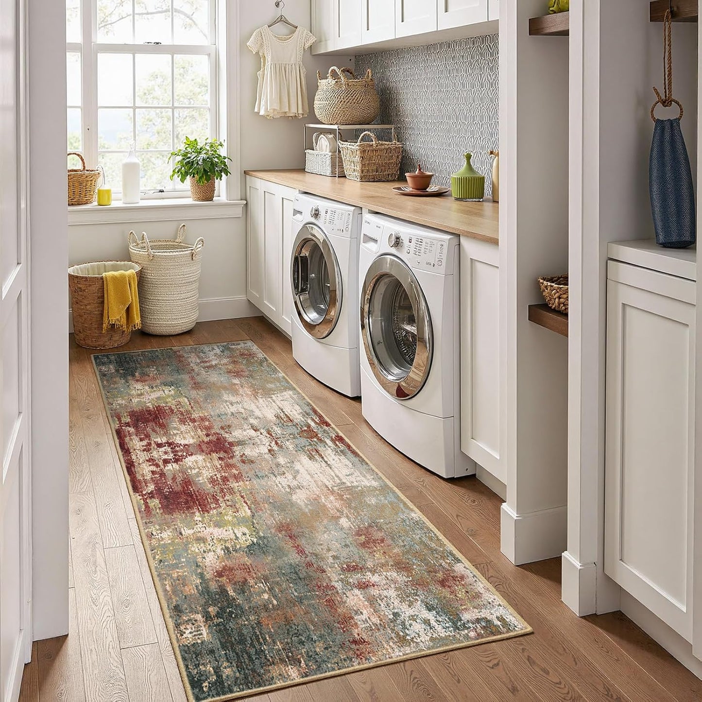 Washable Area Rugs 2'x10' Non-Slip Modern Abstract Soft for Living Room Entryway Bedroom Nursery, Print Pattern, Brown Rust Red Multi