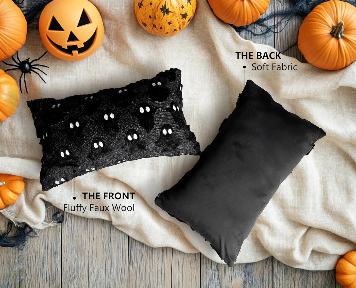 4TH Emotion Halloween Ghost Decorative Lumbar Pillow Covers 12x20 Set of 2, Black Soft Plush Faux Fur Farmhouse Throw Cushion Cases for Fall Autumn Holiday Home Decorations