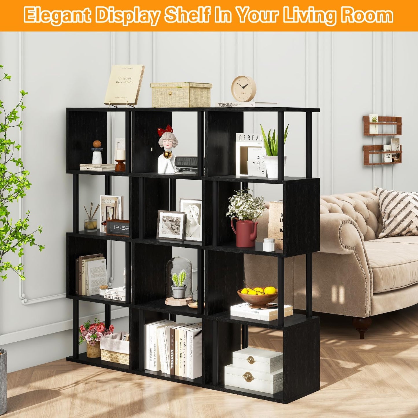 IBUYKE 5-Tier Tall Bookshelf,S-Shaped Geometric Bookcase, Wood Display Shelves with Storage,Modern Bookshelf for Living Room Bedroom, Home Office, Black WBC015B