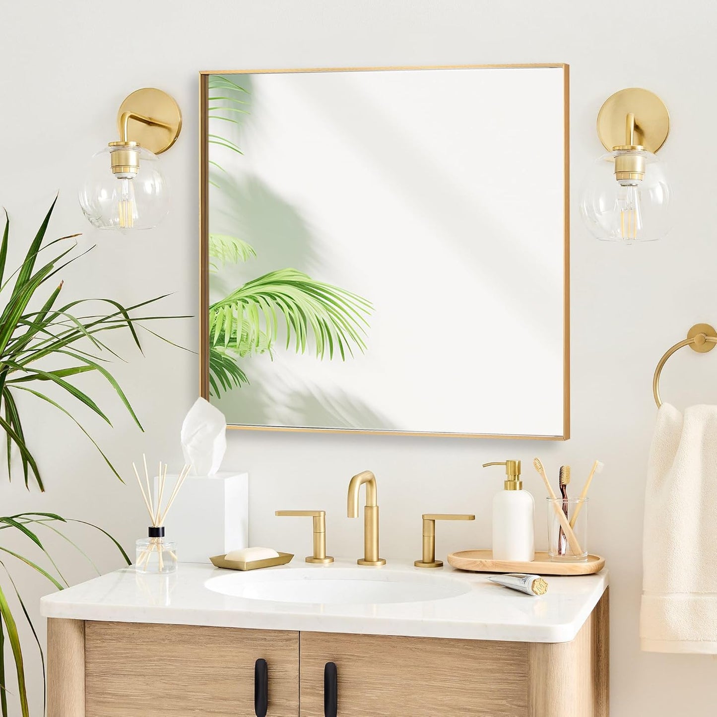 30x30 Inch Orange Gold Bathroom Mirror for Wall, Aluminum Frame Rectangle Rectangular Vanity Mirror, Modern Large for Bedroom, Living Room, Horizontal or Vertical