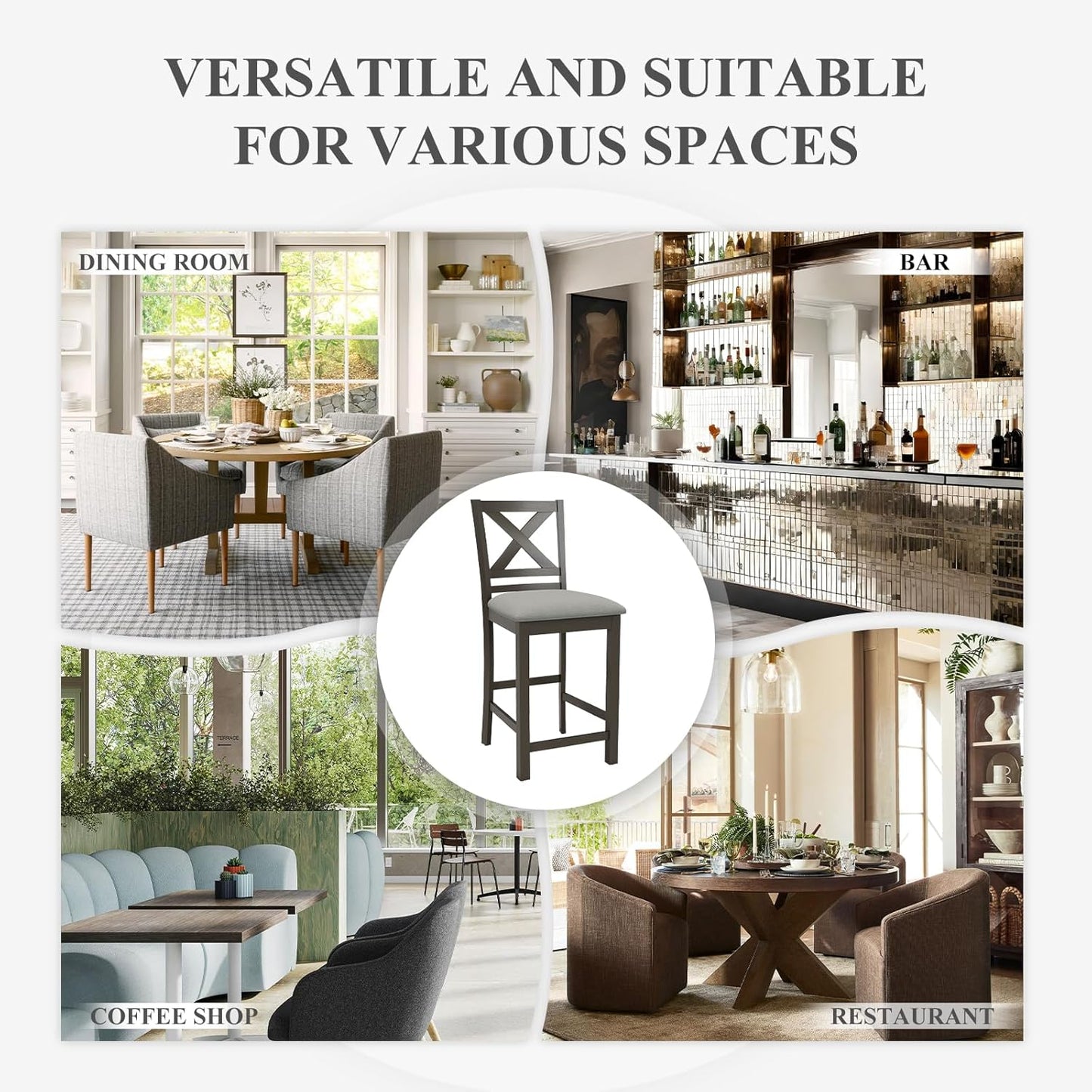 Upholstered Counter Height Bar Stools Set of 6, Modern Kitchen Island Barstools Chairs with Cross Back and Wood Legs for Dining Room Bar, Dark Grey